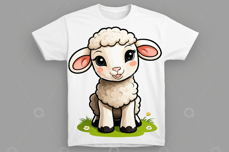 高清大图下载【趣麦麦图】卡通绵羊图案白色T恤