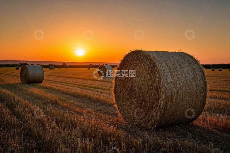 高清大图下载【趣麦麦图】夕阳下田野中的干草捆