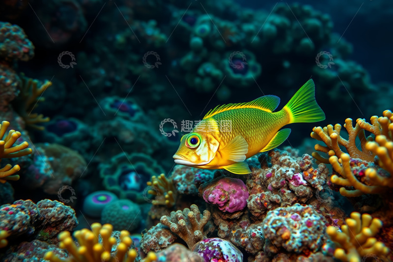 高清大图下载【趣麦麦图】海洋中珊瑚礁旁的彩色鱼类