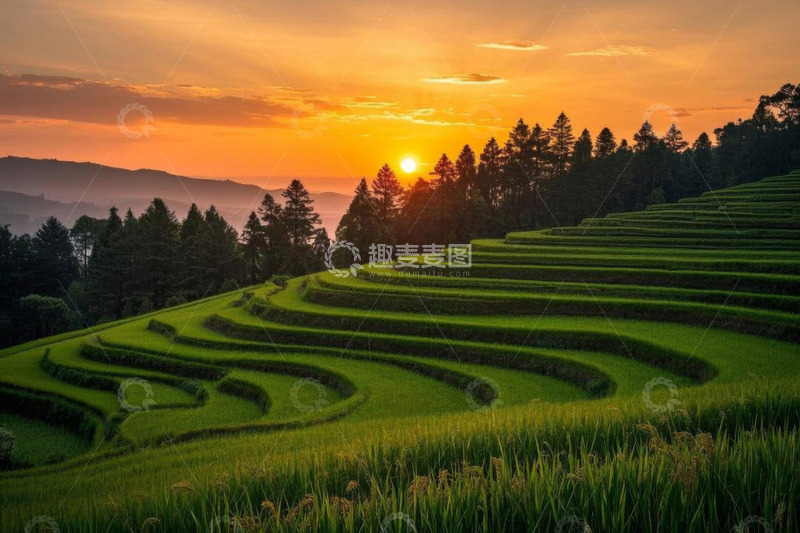 高清大图下载【趣麦麦图】夕阳下的绿色梯田美景