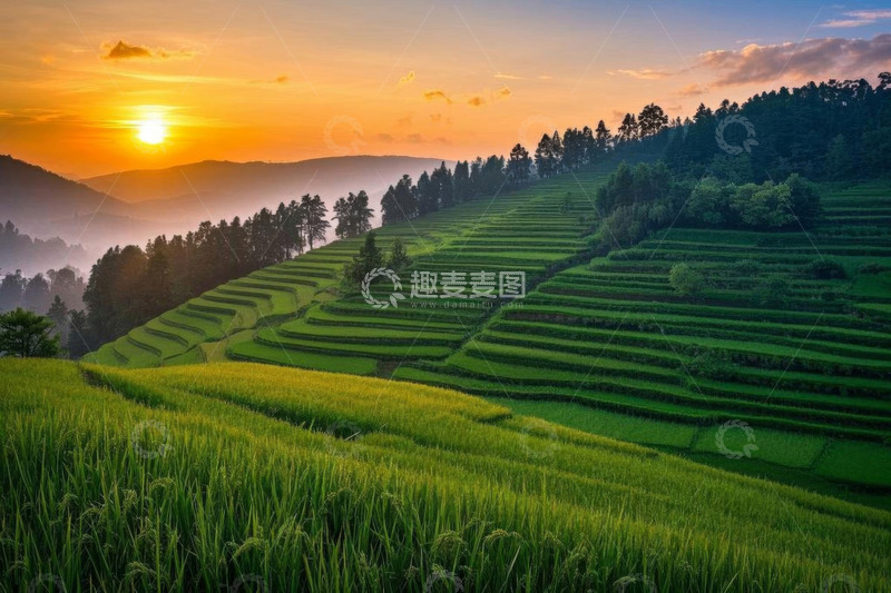 高清大图下载【趣麦麦图】夕阳下的绿色梯田景观