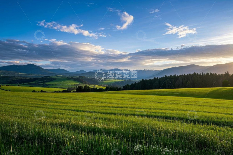 高清大图下载【趣麦麦图】广阔田野与远山蓝天白云景象