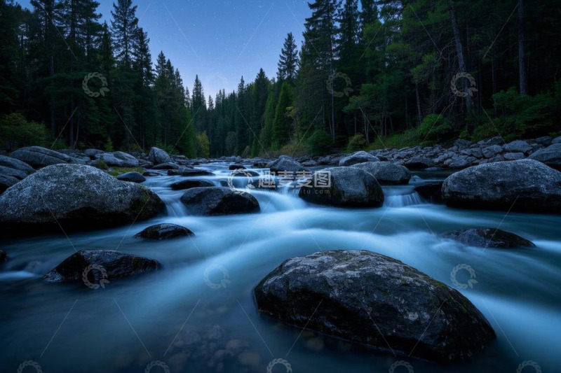 高清大图下载【趣麦麦图】森林中河流与岩石自然景观