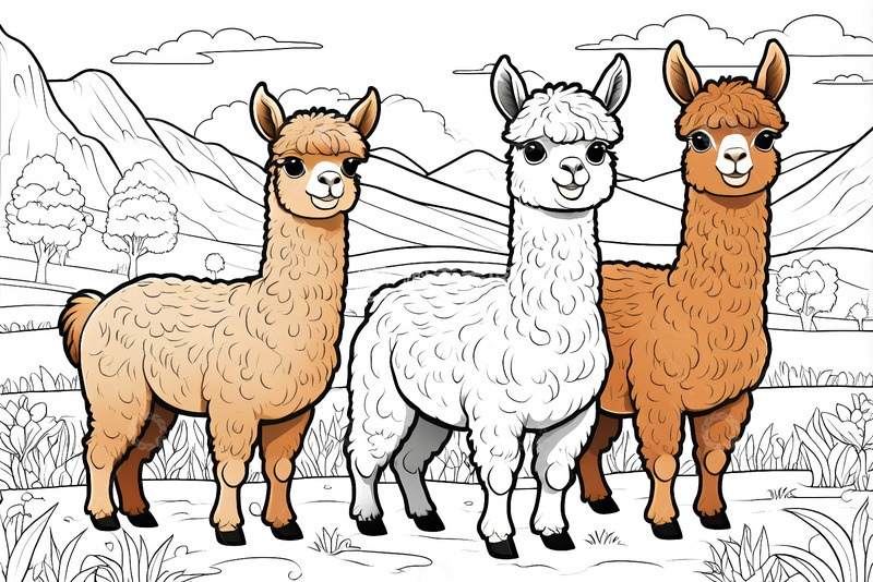 高清大图下载【趣麦麦图】户外站立的三只羊驼插画