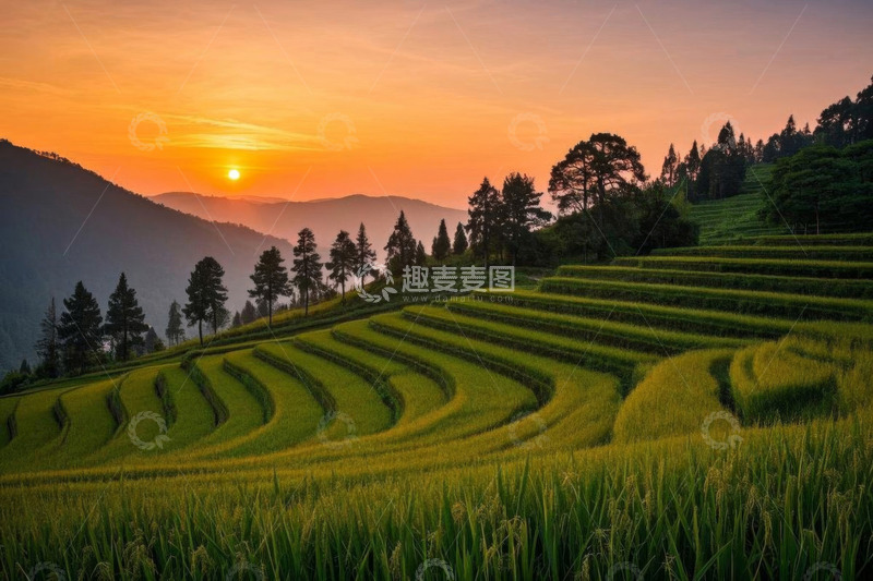 高清大图下载【趣麦麦图】夕阳下的梯田自然风光