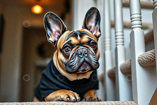 楼梯上穿着衣服的法国斗牛犬