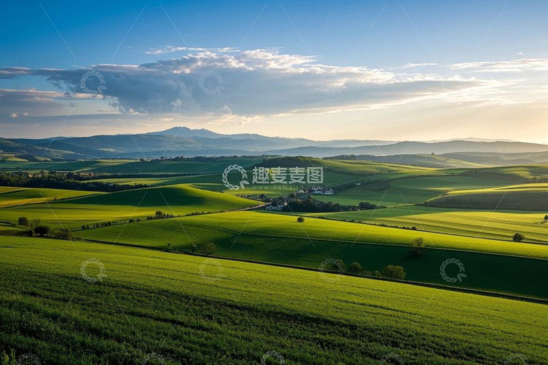 高清大图下载【趣麦麦图】广阔绿色田野与远山风景