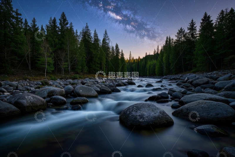 高清大图下载【趣麦麦图】森林河流星空夜景