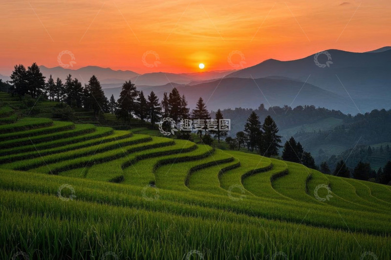高清大图下载【趣麦麦图】夕阳下的绿色梯田风光