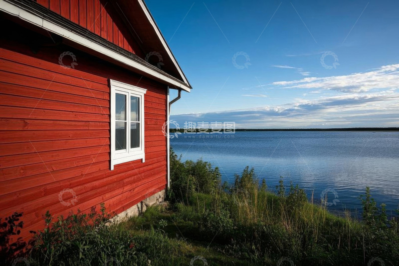 高清大图下载【趣麦麦图】湖畔红色小屋自然风光
