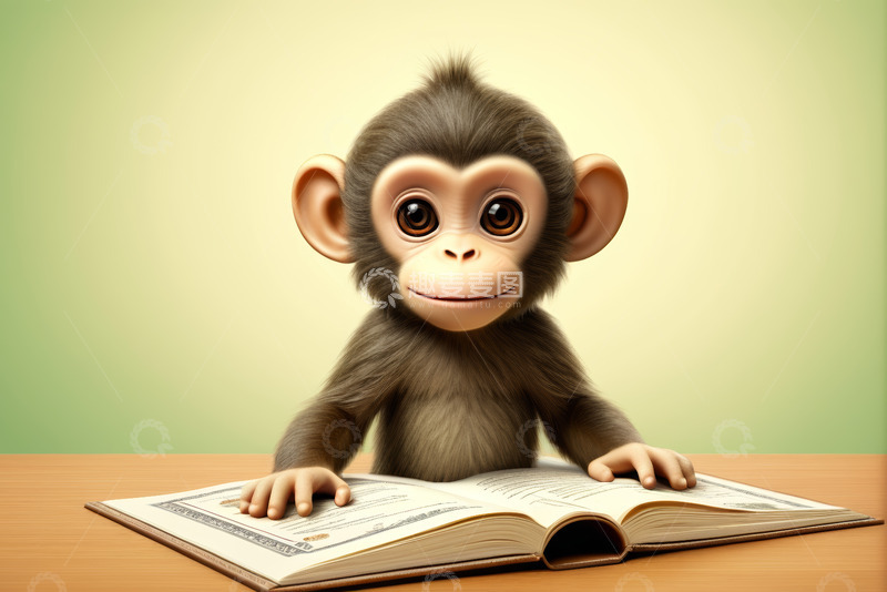 高清大图下载【趣麦麦图】小猴子坐在桌前阅读书籍