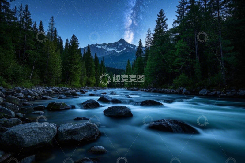 高清大图下载【趣麦麦图】森林河流夜景星空全景