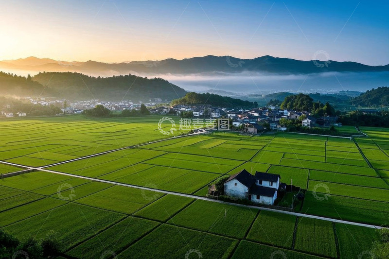 高清大图下载【趣麦麦图】乡村稻田与民居鸟瞰