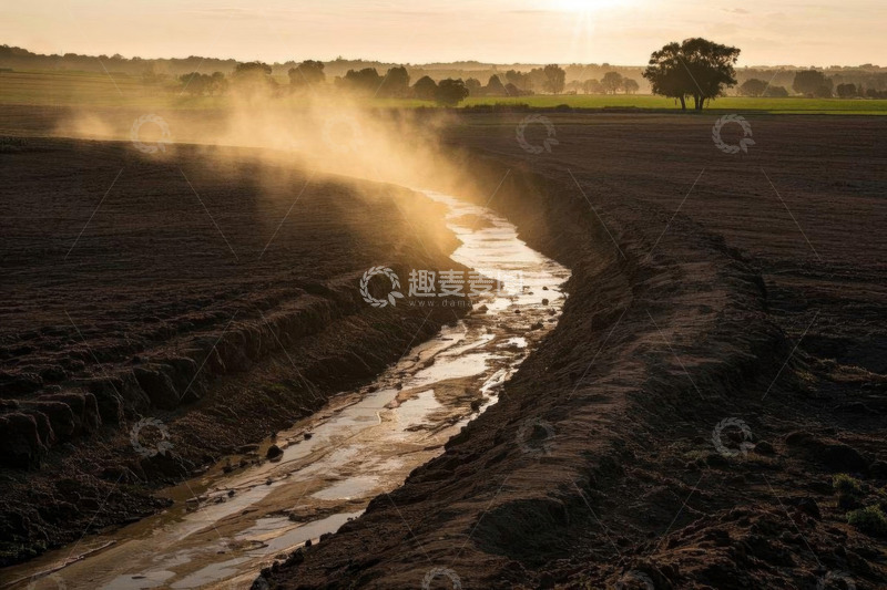 高清大图下载【趣麦麦图】田野间河流与日出景观