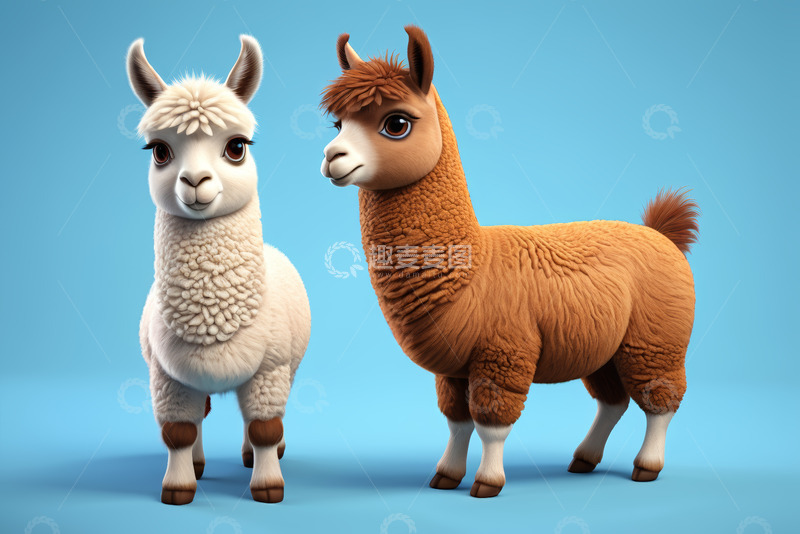 高清大图下载【趣麦麦图】两只卡通羊驼蓝色背景图