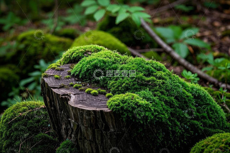 树桩上生长的绿色苔藓植物