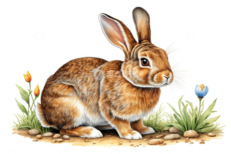 高清大图下载【趣麦麦图】蹲坐的兔子与花草