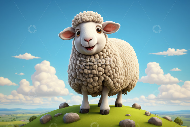 高清大图下载【趣麦麦图】卡通绵羊站在草地背景中