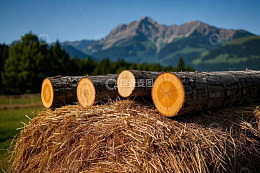 草垛上的原木与远山风景