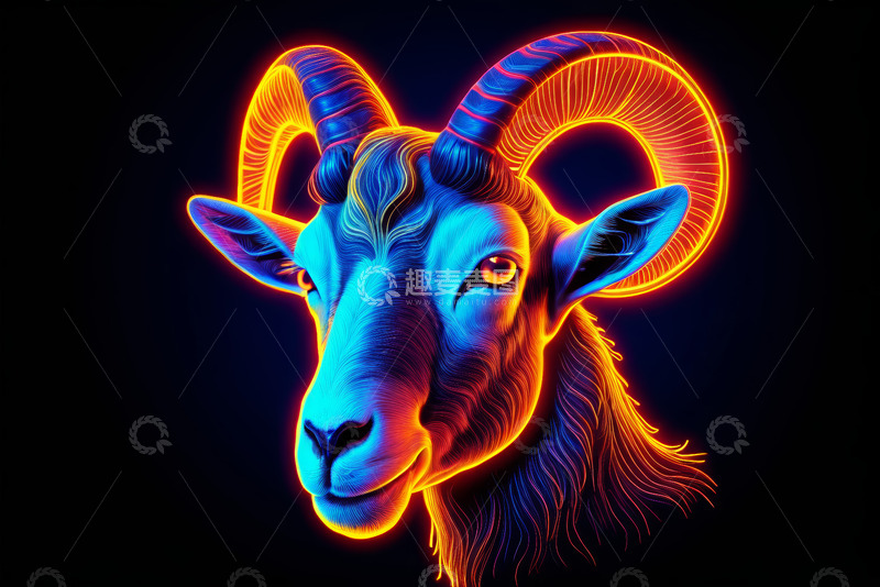 高清大图下载【趣麦麦图】霓虹风格山羊头像插画
