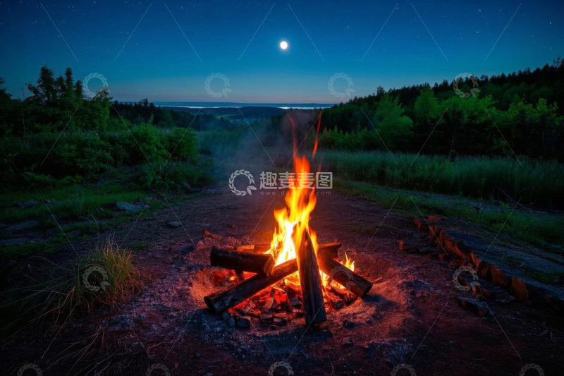 高清大图下载【趣麦麦图】月夜下野外燃烧的篝火场景