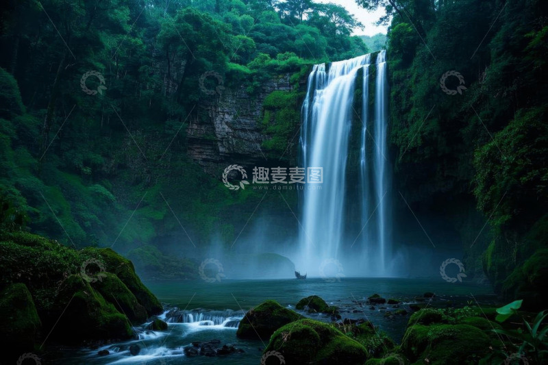 高清大图下载【趣麦麦图】森林中的瀑布自然景观