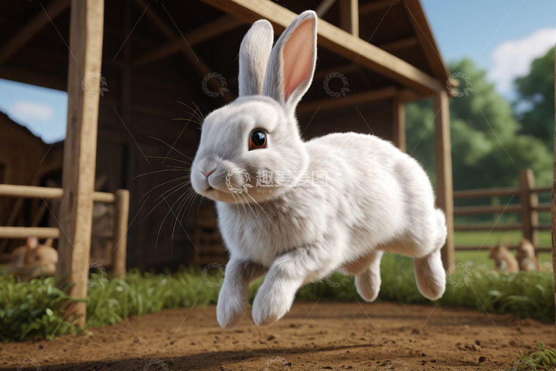 高清大图下载【趣麦麦图】白兔在农场中跳跃