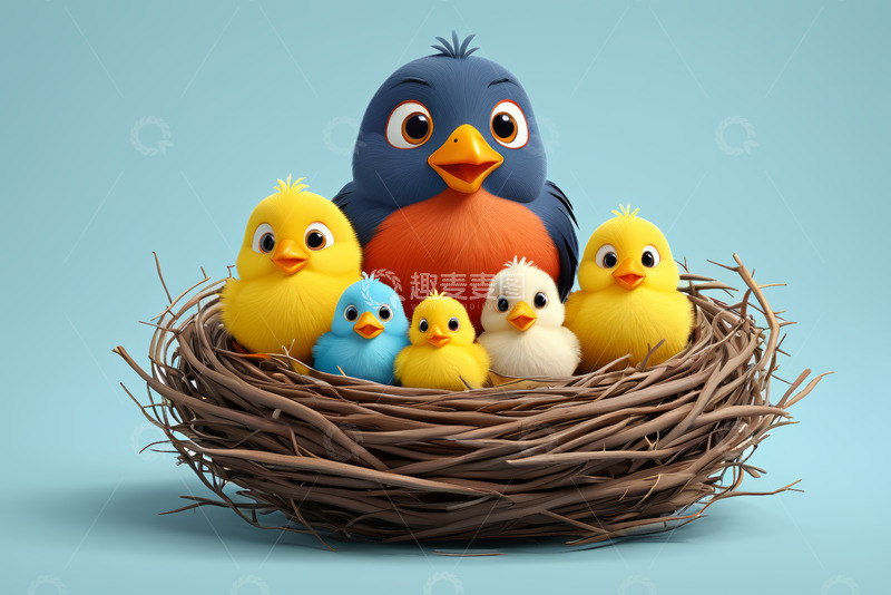 高清大图下载【趣麦麦图】鸟巢中动画鸟家庭形象