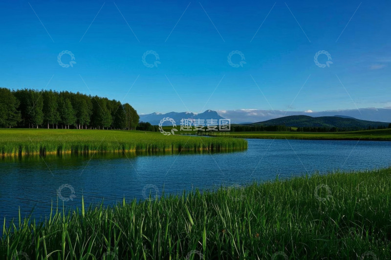 高清大图下载【趣麦麦图】户外草原湖泊与远山风景