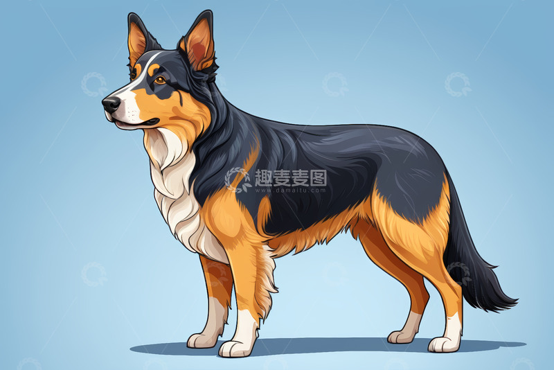 高清大图下载【趣麦麦图】站立的三色牧羊犬插画