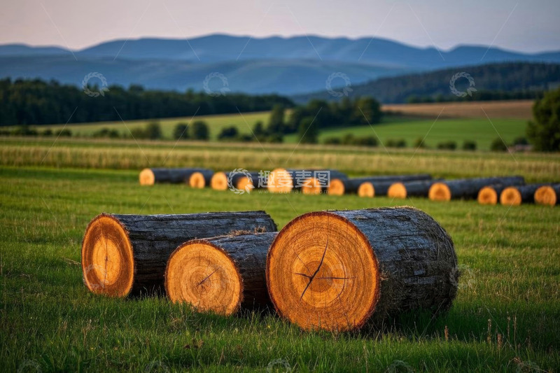 高清大图下载【趣麦麦图】草地上的原木与田园风光