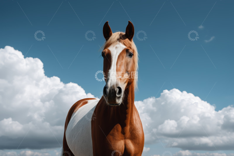 高清大图下载【趣麦麦图】蓝天白云下的骏马特写