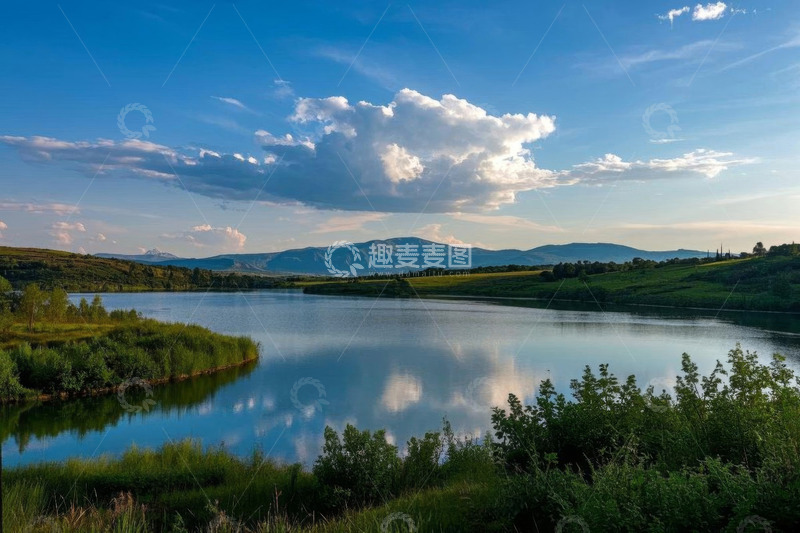 高清大图下载【趣麦麦图】宁静湖泊与远处山峦自然景观