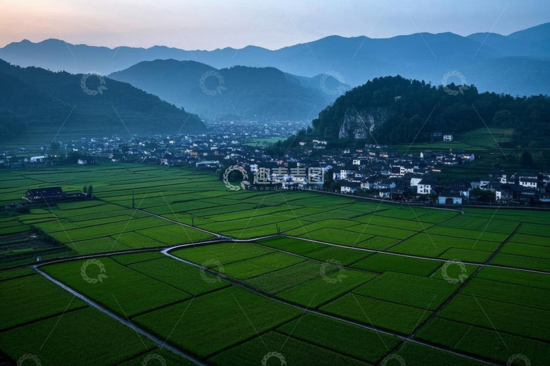 高清大图下载【趣麦麦图】乡村稻田与村落全景