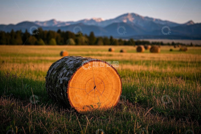 高清大图下载【趣麦麦图】草地上的原木与远山景观