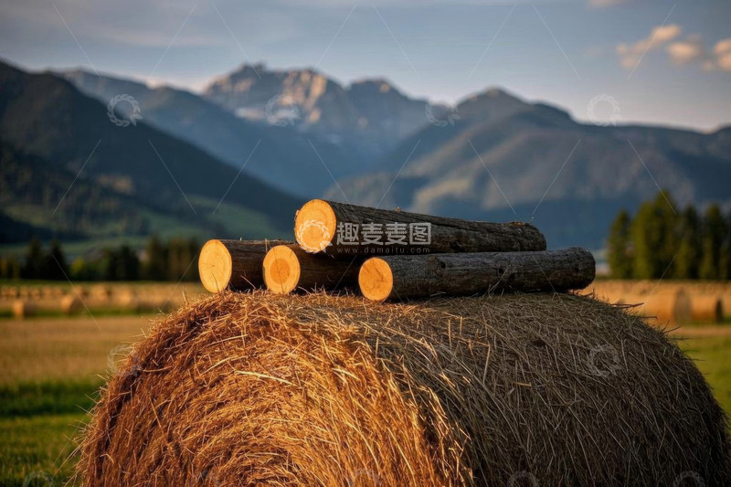 高清大图下载【趣麦麦图】田野中草垛上堆放的原木
