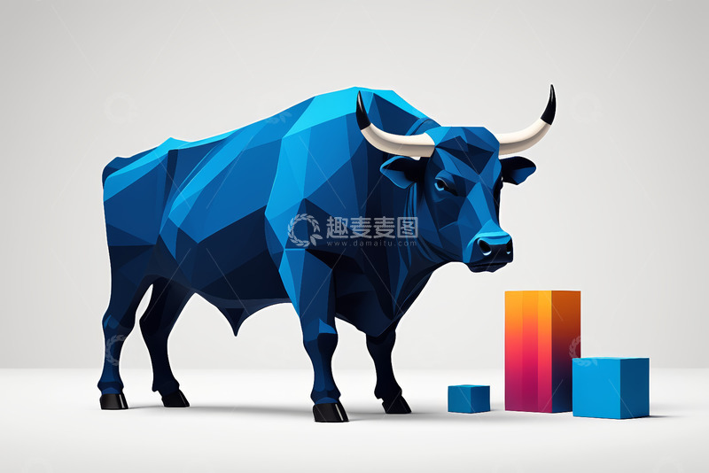 高清大图下载【趣麦麦图】蓝色多边形公牛与柱状图