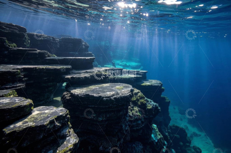 高清大图下载【趣麦麦图】水下岩石景观与光线照射场景