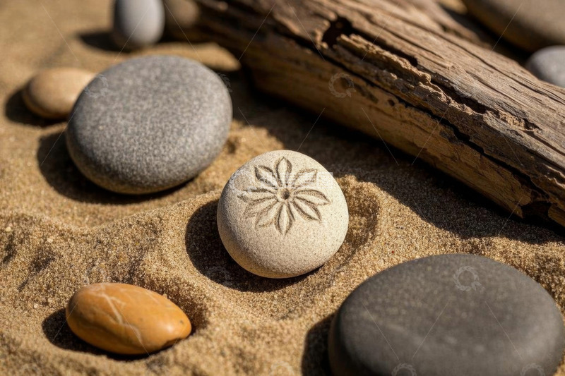 高清大图下载【趣麦麦图】沙滩上的鹅卵石与枯木