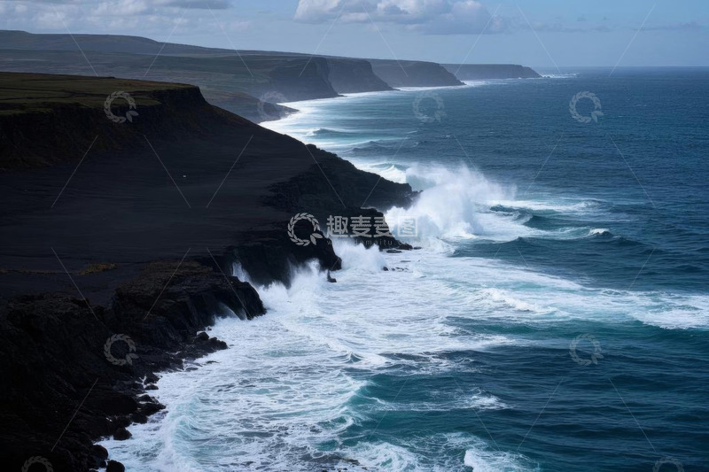 高清大图下载【趣麦麦图】海岸边汹涌海浪拍打黑色悬崖