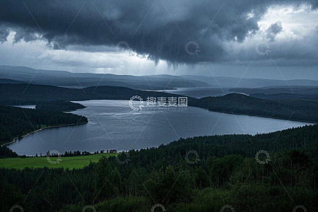 雨中湖泊与森林景观