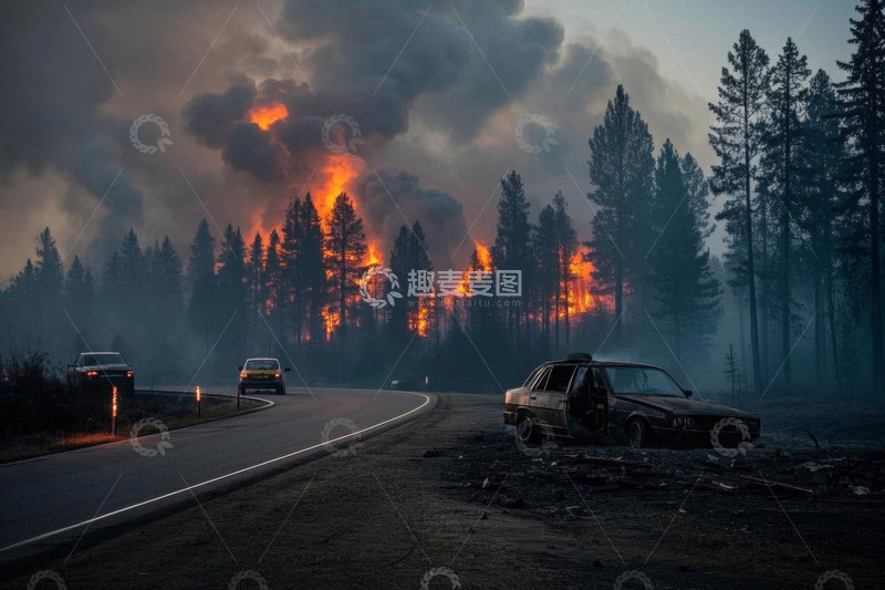 高清大图下载【趣麦麦图】公路旁森林大火与废弃车辆景象