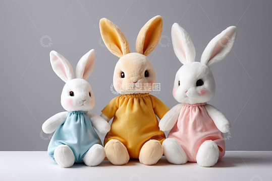 三只穿着衣服的可爱兔子玩偶
