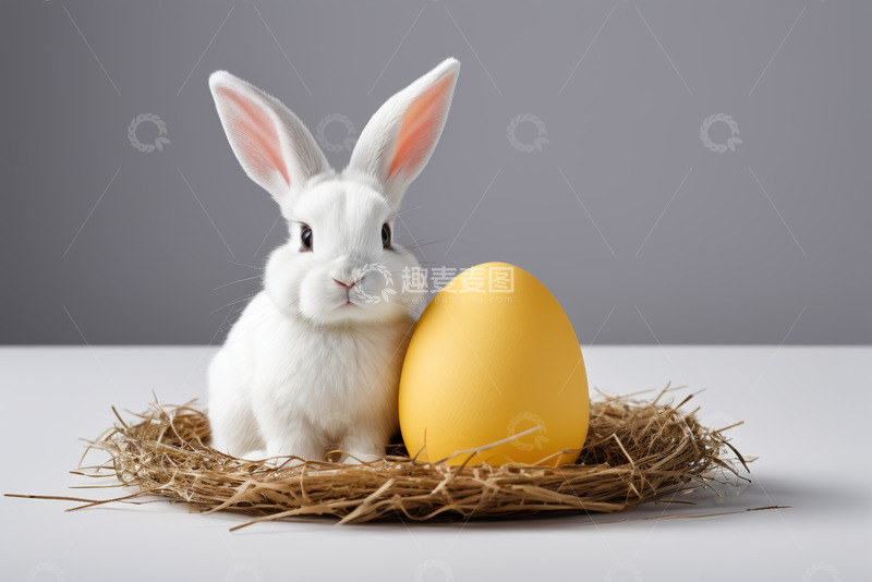 高清大图下载【趣麦麦图】白兔与金色彩蛋置于草窝