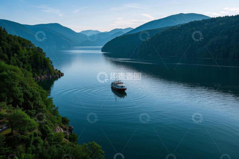 高清大图下载【趣麦麦图】湖面上行驶的游船与自然风光