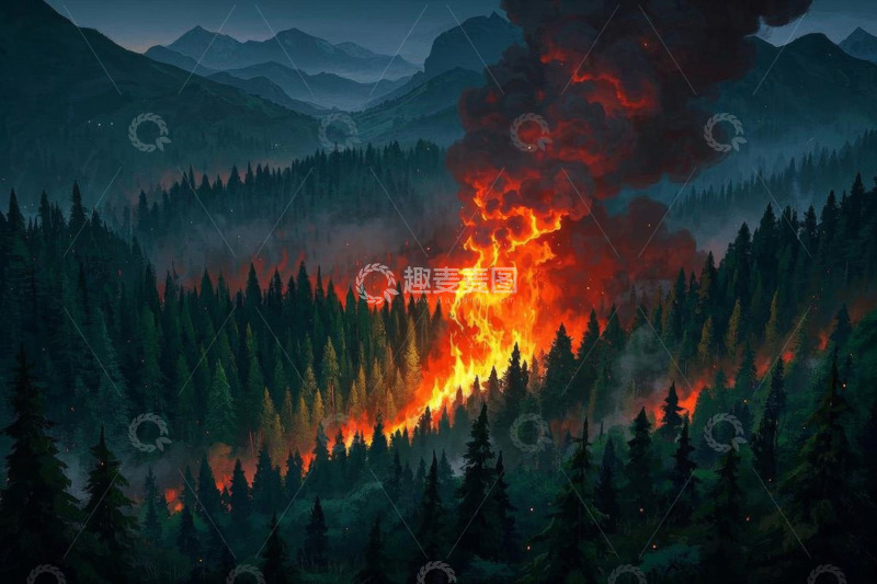 高清大图下载【趣麦麦图】山林中熊熊燃烧的森林大火