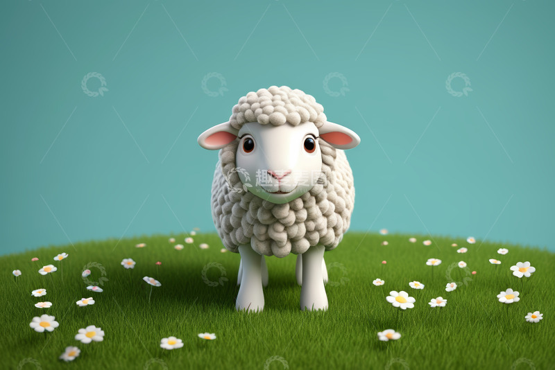 高清大图下载【趣麦麦图】卡通绵羊站在草地花丛中