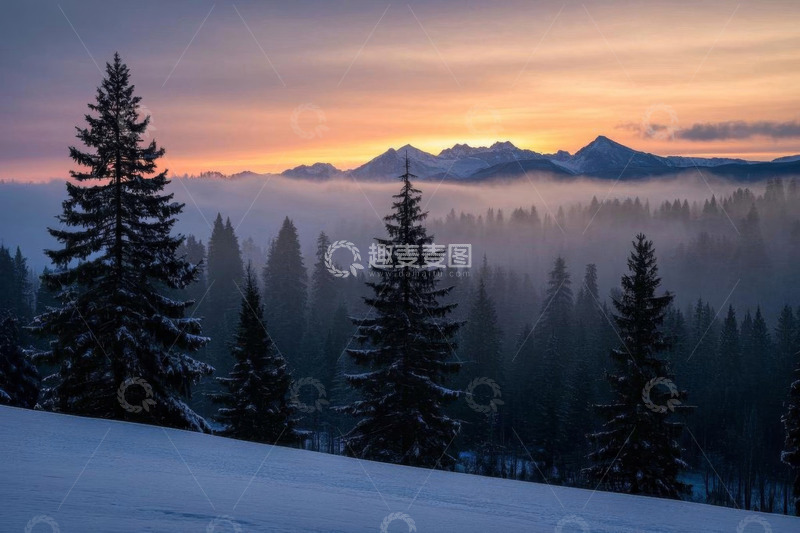 高清大图下载【趣麦麦图】雪覆山林日出自然风光