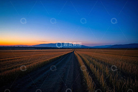 黄昏下田野中的乡间小路