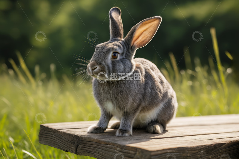 高清大图下载【趣麦麦图】草地上木板上的灰色兔子